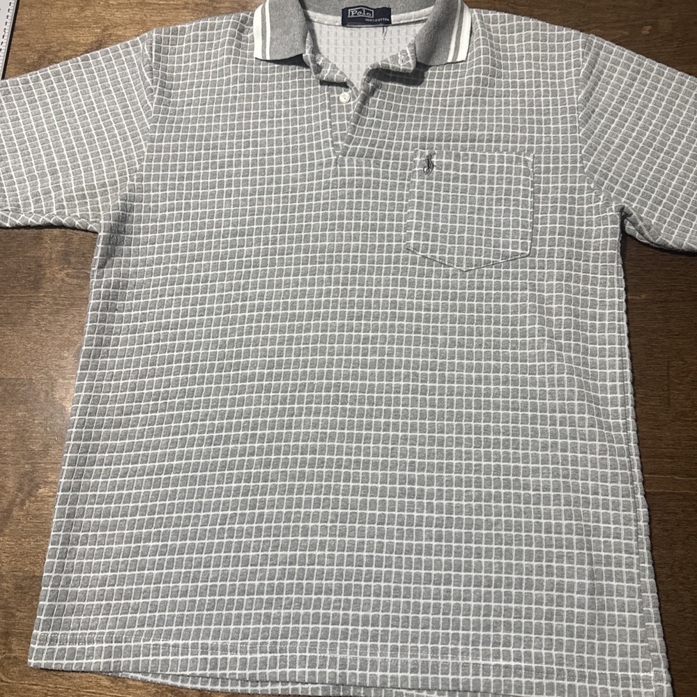 VTG Polo Ralph Lauren Shirt Mens Large Gray 100% Cotton Ribbed Knit Checkered
